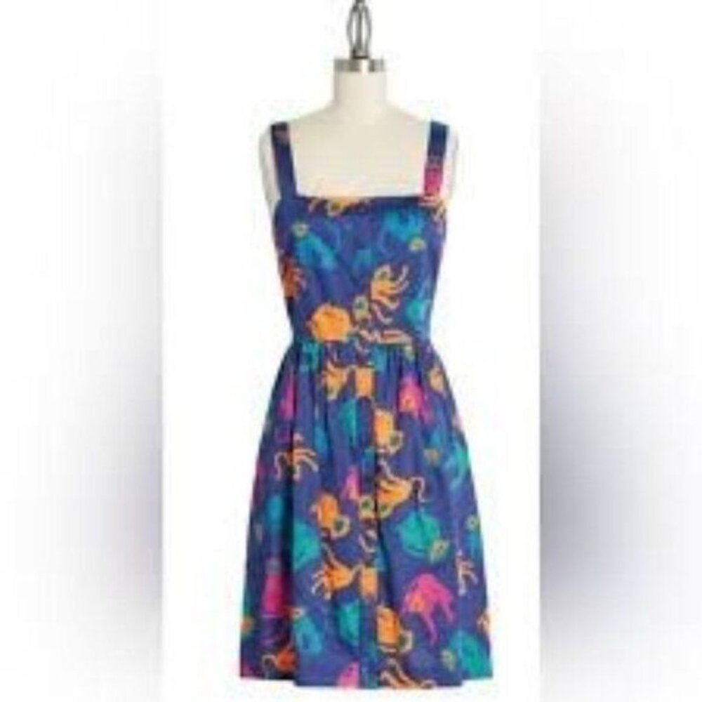 Modcloth Just Swinging By Fit & Flare Dress Size 14 Blue Monkey Print  Womens Su
